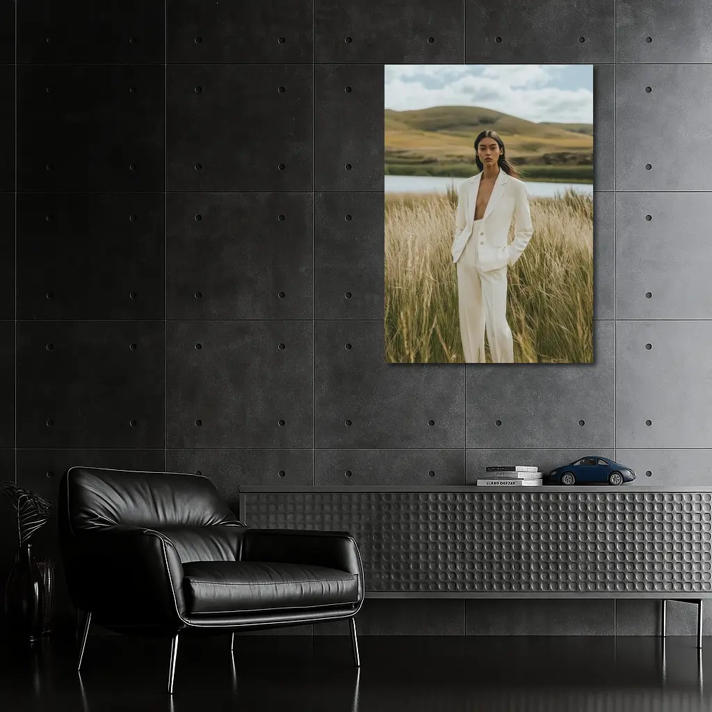 Woman White Suit Standing Tall Grass Field – Wall Art
