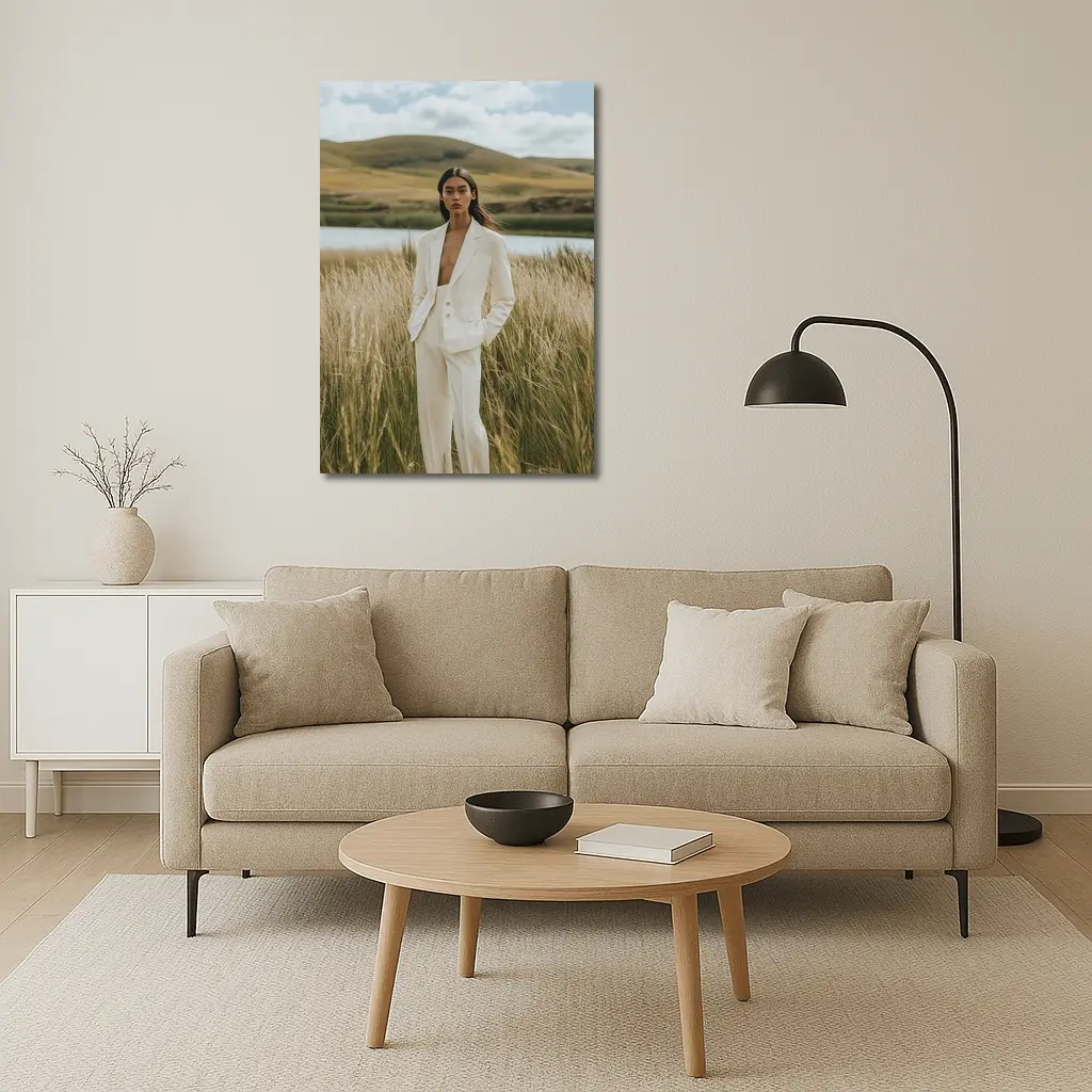 Woman White Suit Standing Tall Grass Field – Wall Art