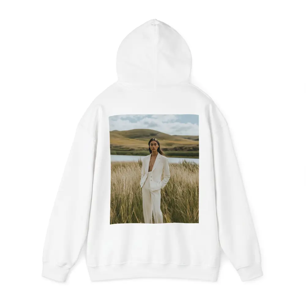 Woman White Suit Standing Tall Grass Field – Hoodies