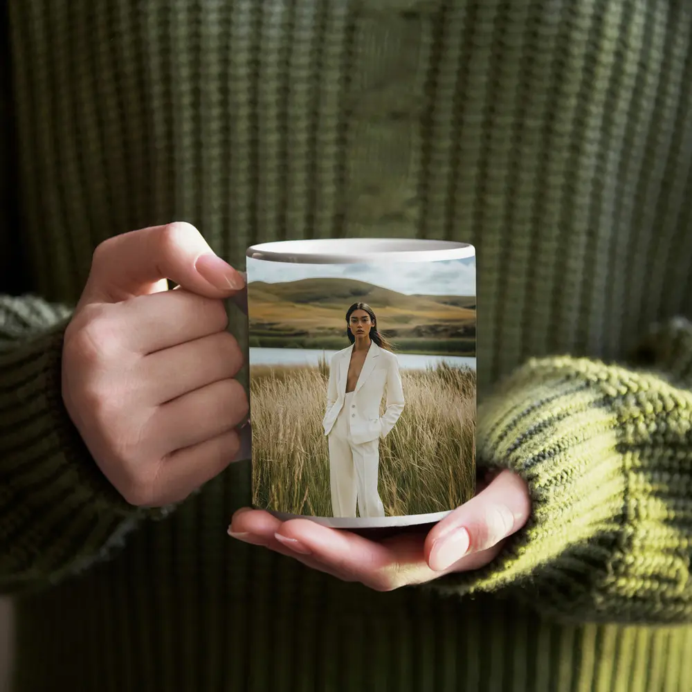 Woman White Suit Standing Tall Grass Field – Mugs