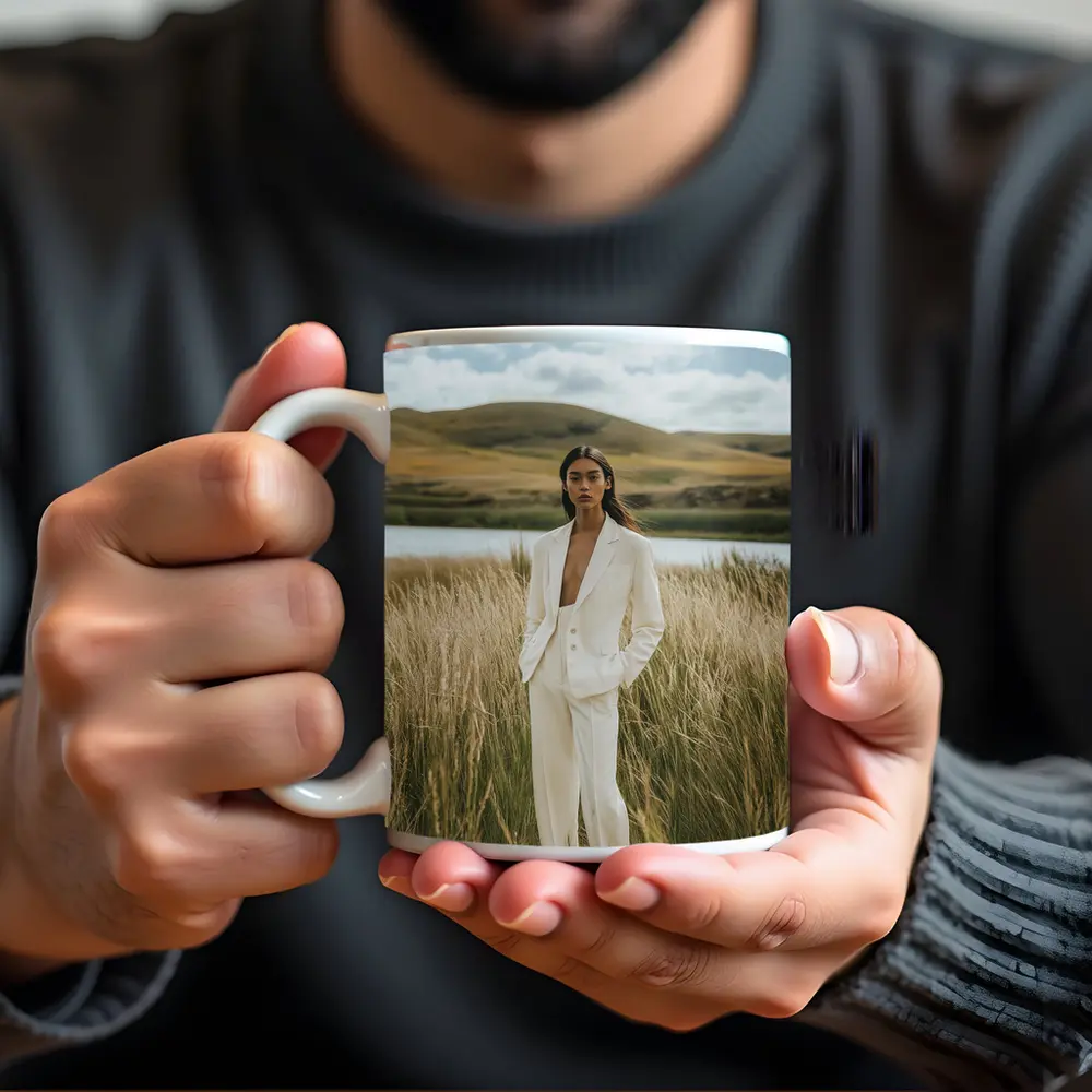 Woman White Suit Standing Tall Grass Field – Mugs