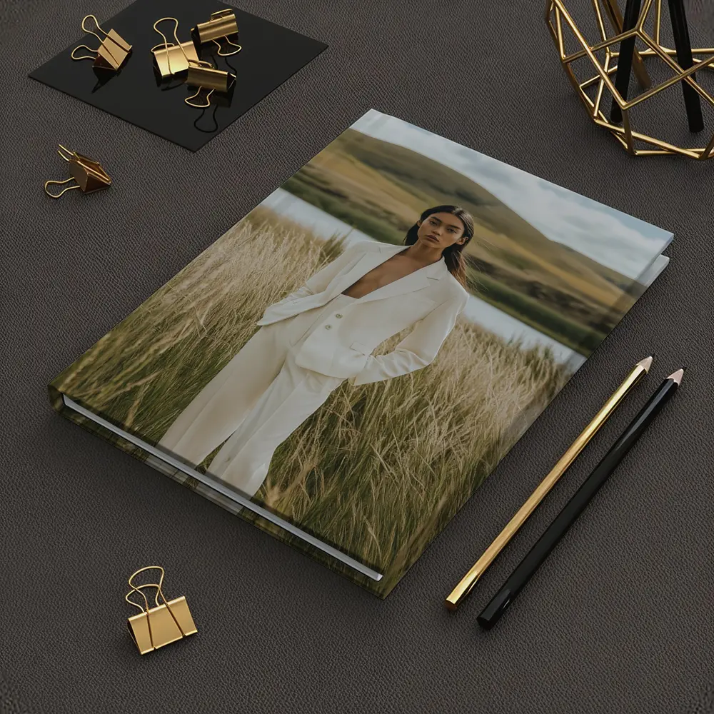 Woman White Suit Standing Tall Grass Field – Notebooks