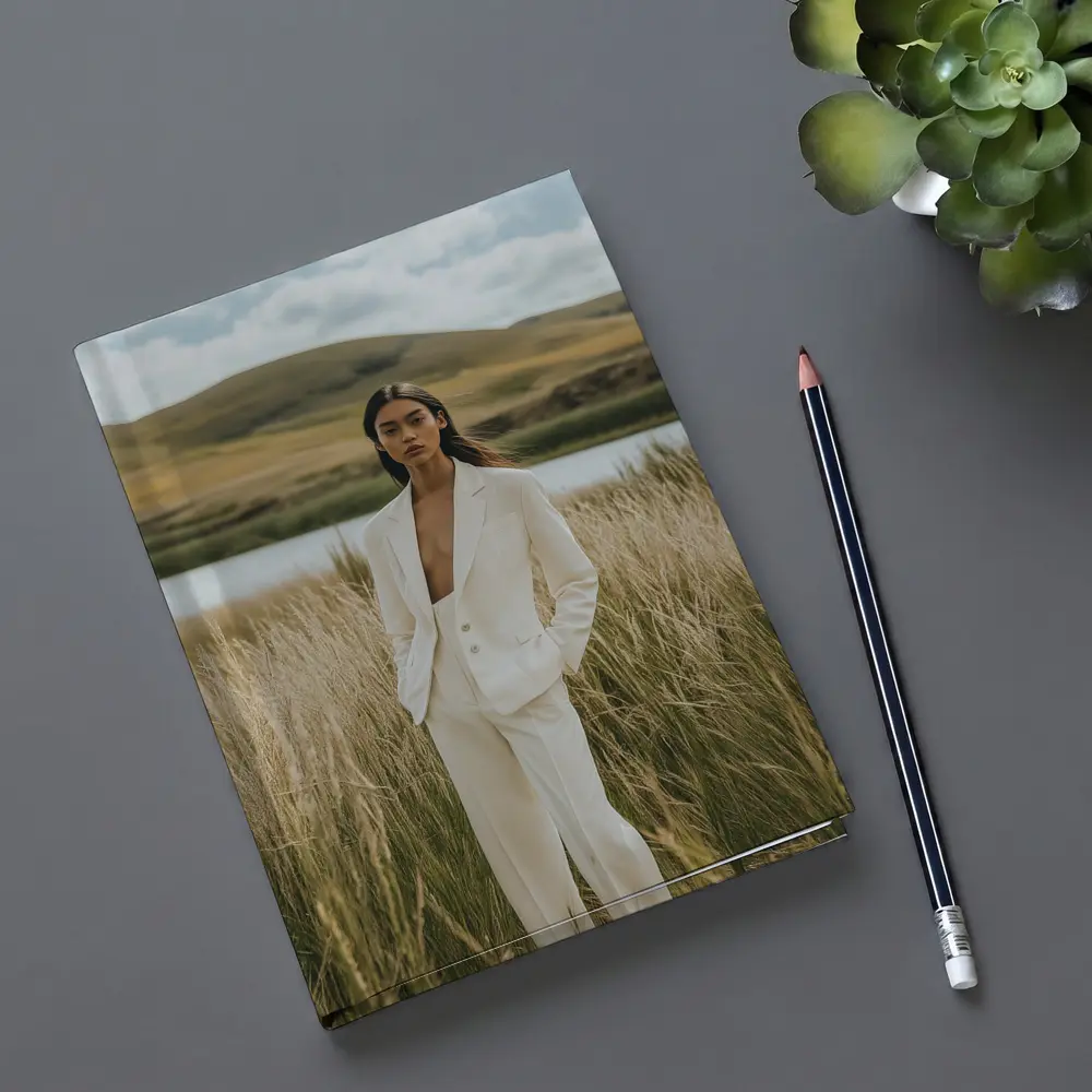 Woman White Suit Standing Tall Grass Field – Notebooks
