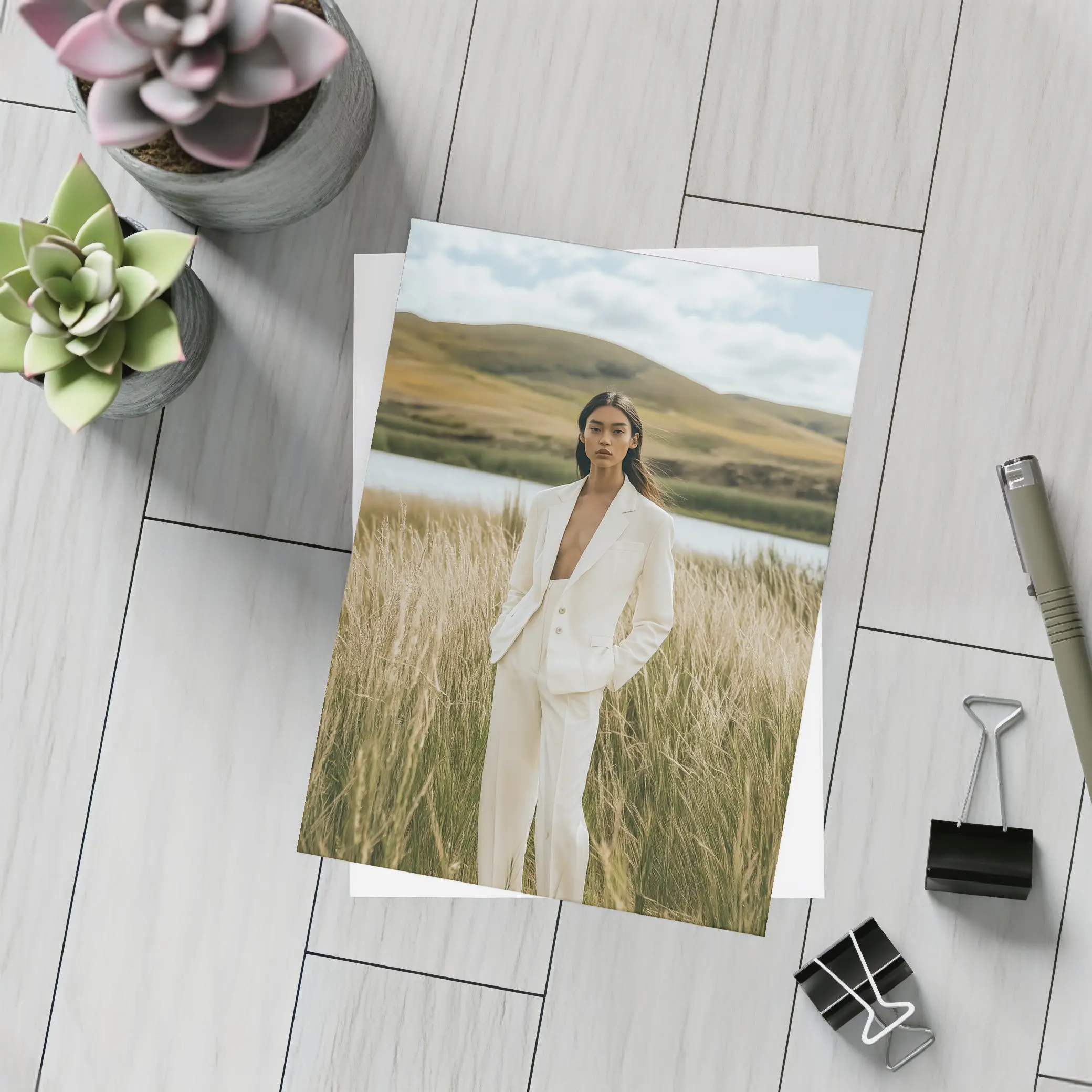 Woman White Suit Standing Tall Grass Field – Postcards