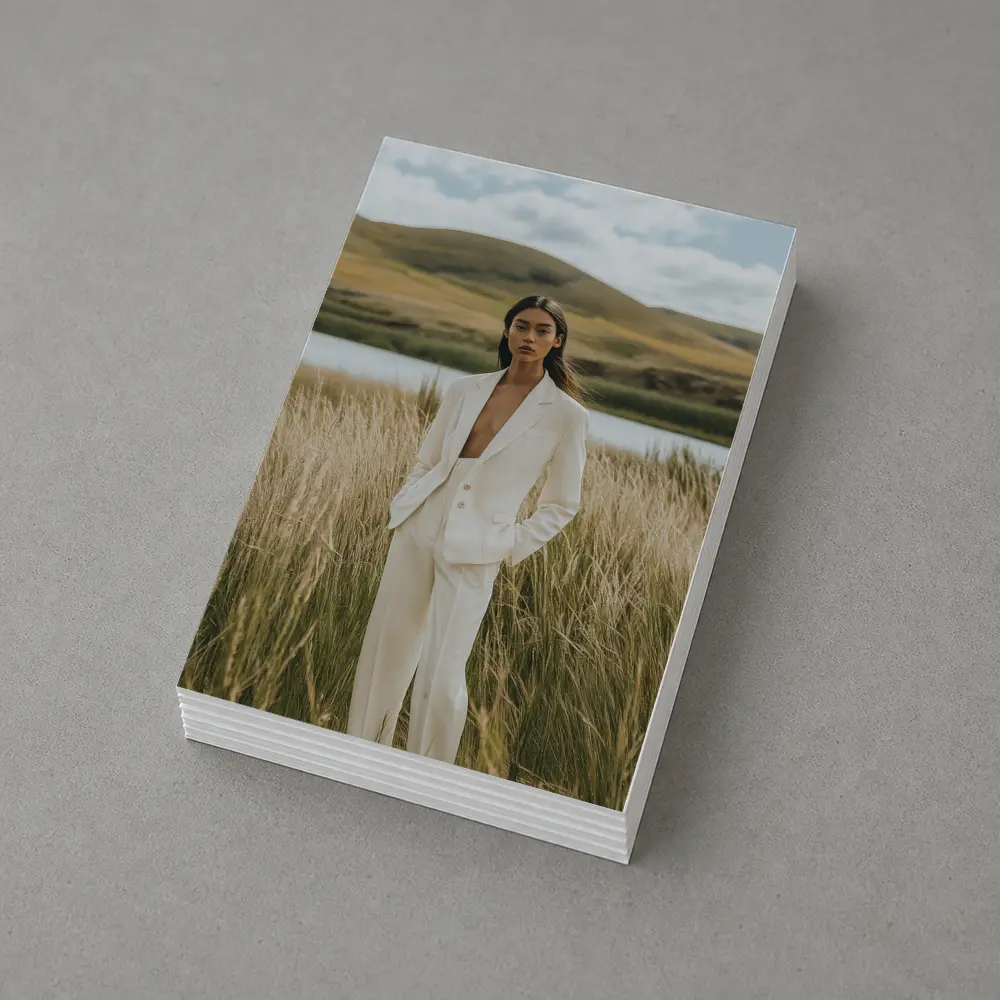 Woman White Suit Standing Tall Grass Field – Postcards