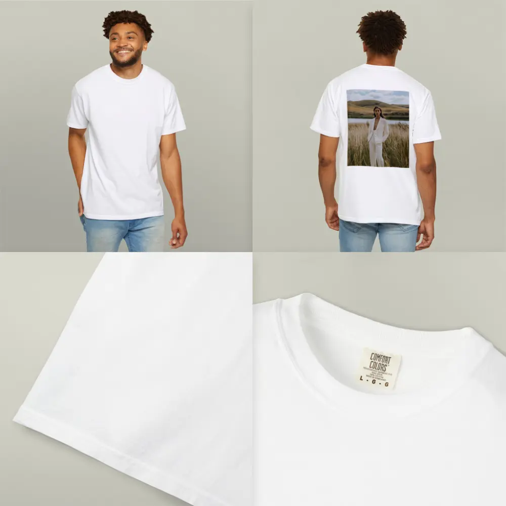 Woman White Suit Standing Tall Grass Field – T-Shirts