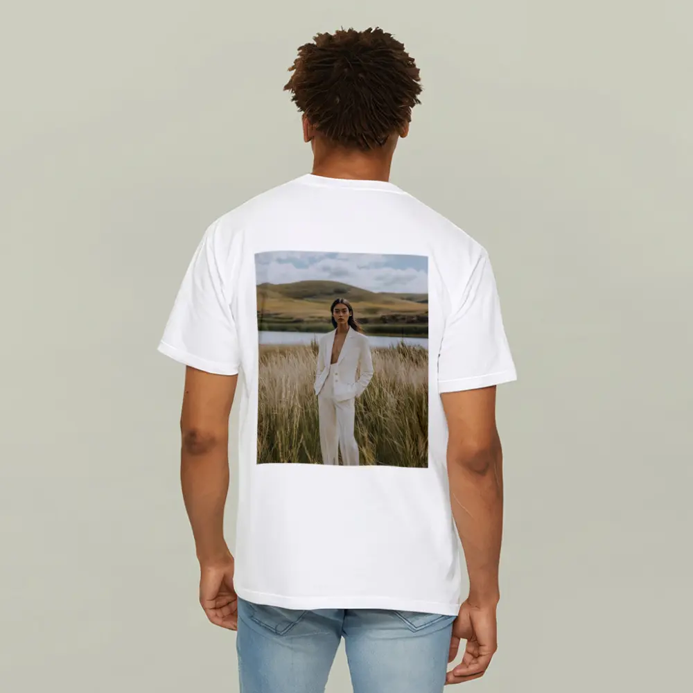 Woman White Suit Standing Tall Grass Field – T-Shirts