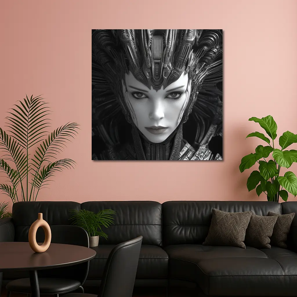 Cyberpunk Woman Dark Mechanical Crown Portrait – Wall Art