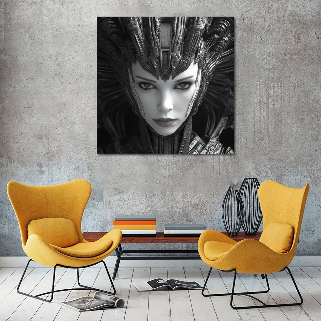 Cyberpunk Woman Dark Mechanical Crown Portrait – Wall Art