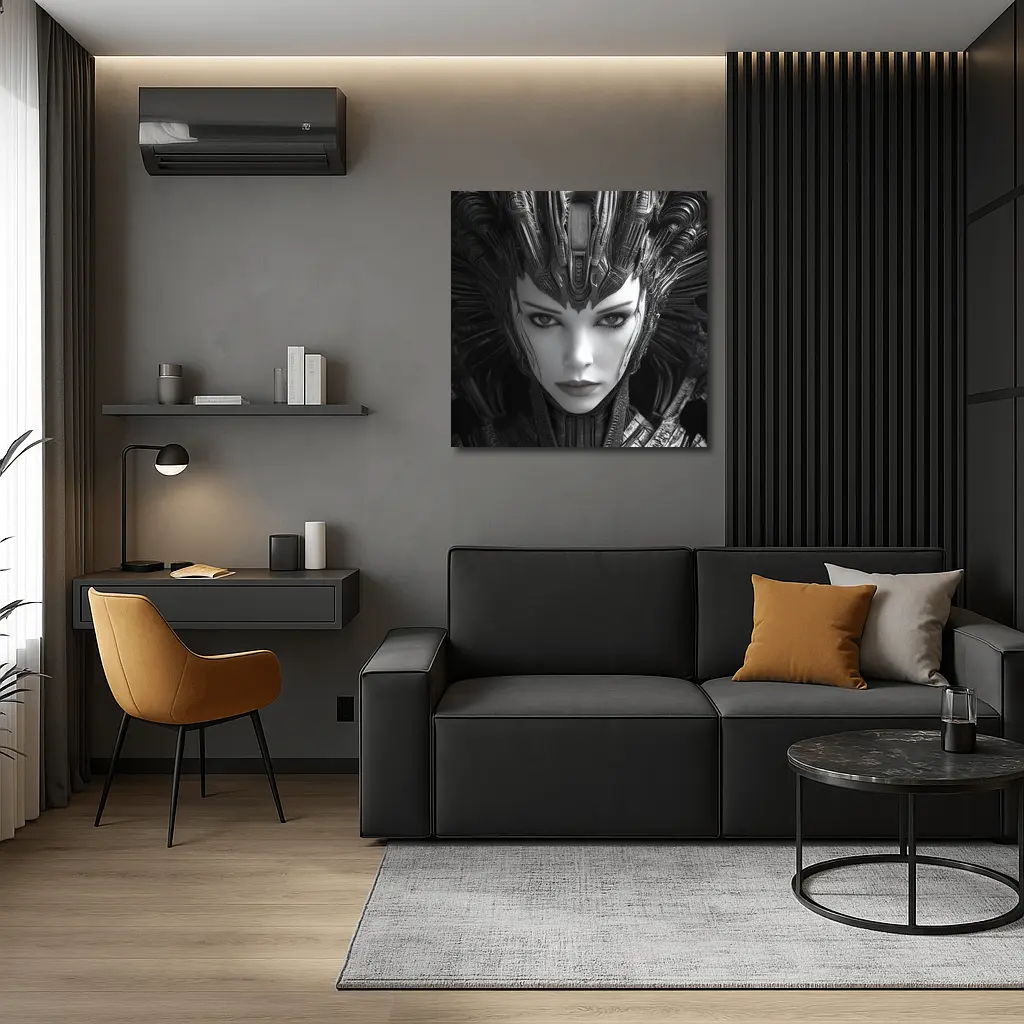 Cyberpunk Woman Dark Mechanical Crown Portrait – Wall Art