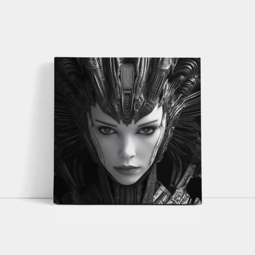 Cyberpunk Woman Dark Mechanical Crown Portrait – Wall Art