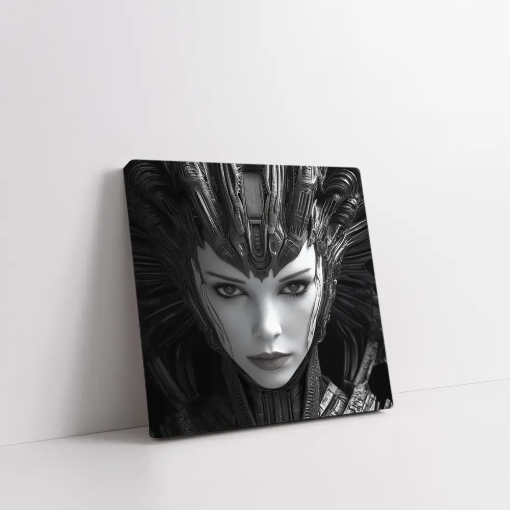 Cyberpunk Woman Dark Mechanical Crown Portrait – Wall Art