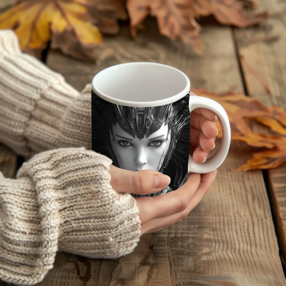 Cyberpunk Woman Dark Mechanical Crown Portrait – Mugs
