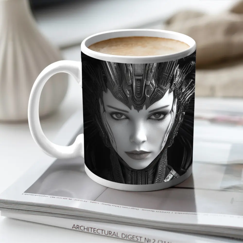 Cyberpunk Woman Dark Mechanical Crown Portrait – Mugs