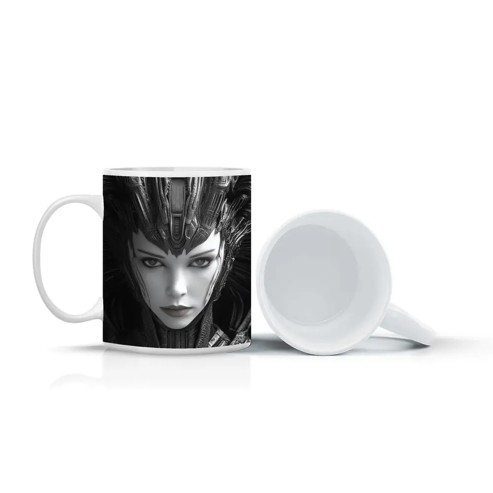 Cyberpunk Woman Dark Mechanical Crown Portrait – Mugs