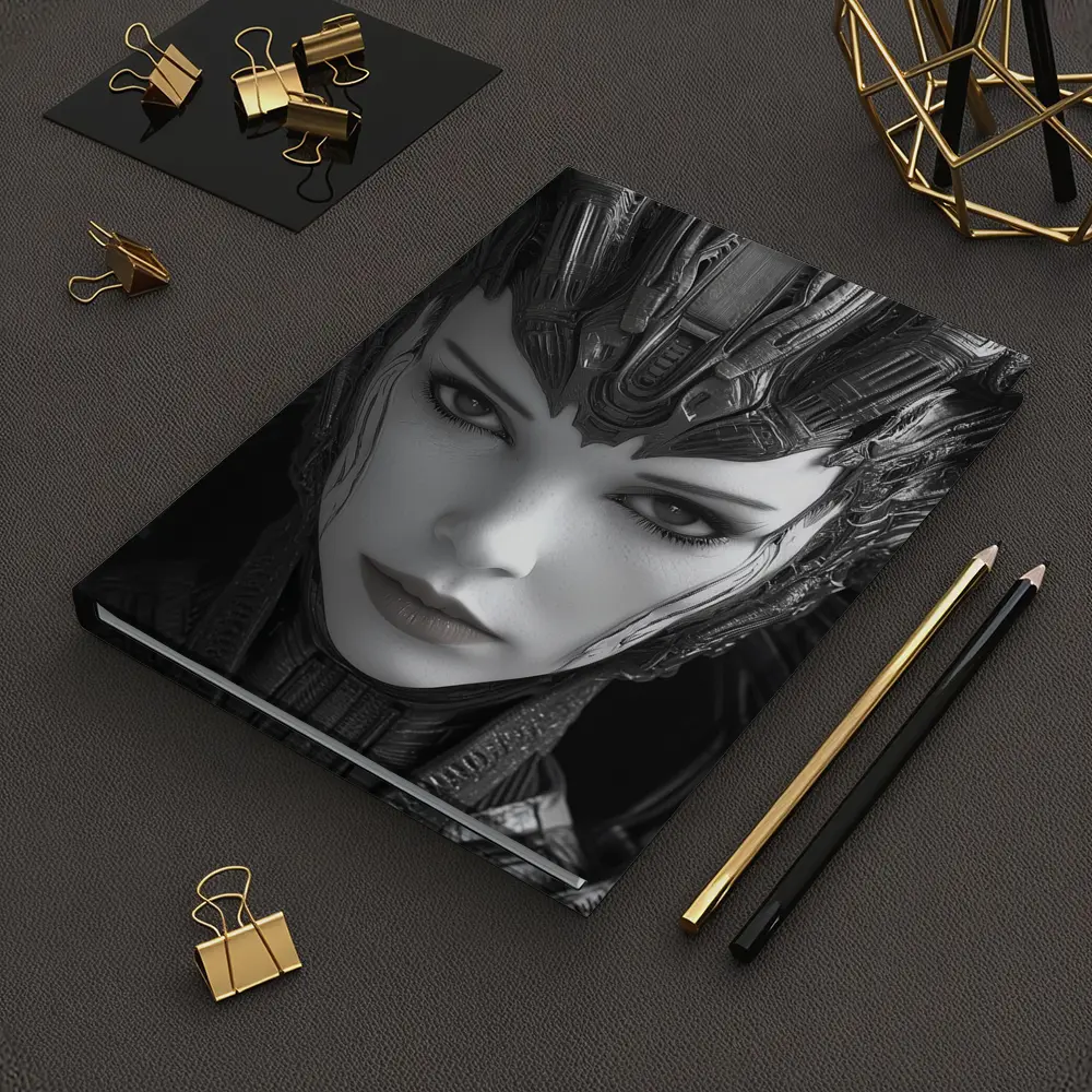 Cyberpunk Woman Dark Mechanical Crown Portrait – Notebooks