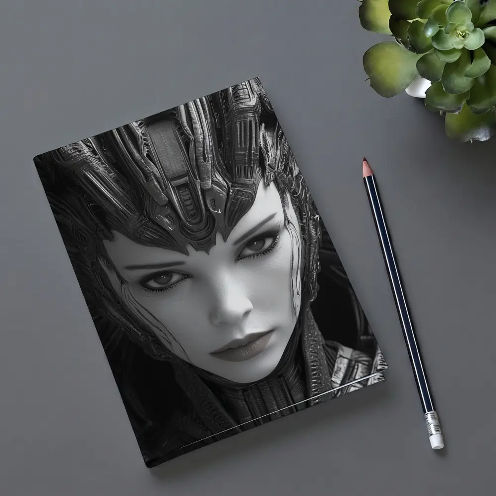 Cyberpunk Woman Dark Mechanical Crown Portrait – Notebooks