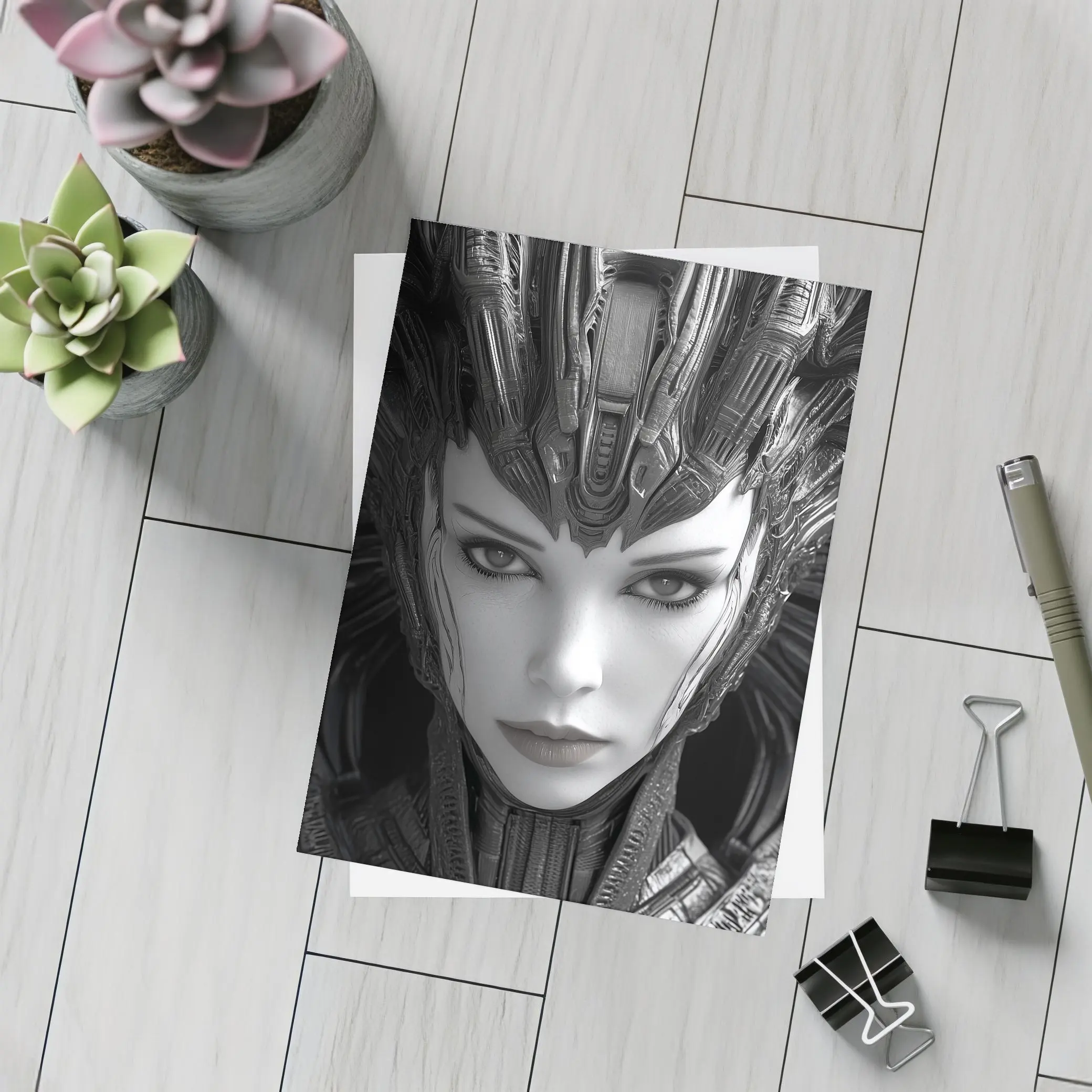 Cyberpunk Woman Dark Mechanical Crown Portrait – Postcards