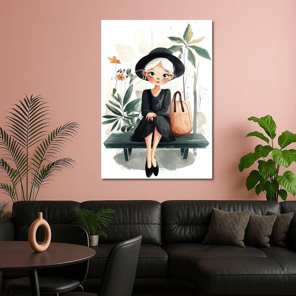 Cartoon Girl Sitting on Bench with Plants – Wall Art
