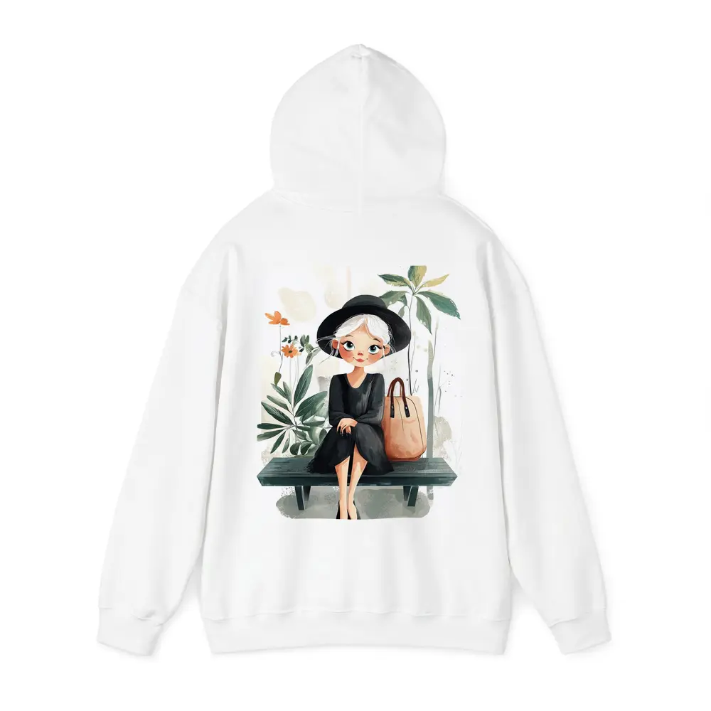 Cartoon Girl Sitting on Bench with Plants – Hoodies