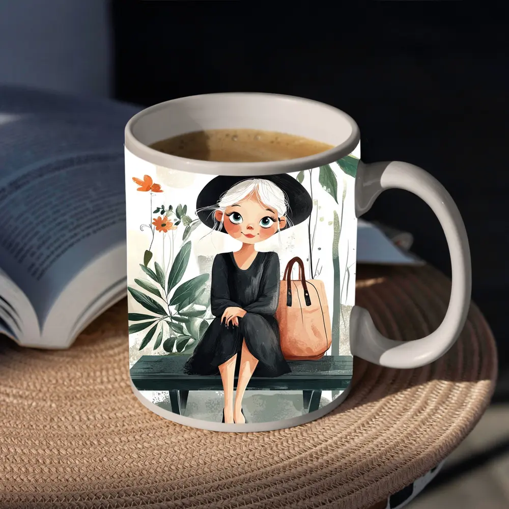 Cartoon Girl Sitting on Bench with Plants – Mugs