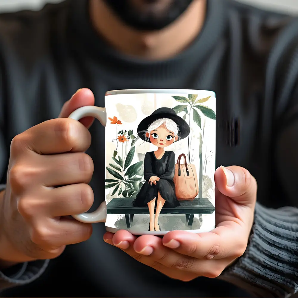 Cartoon Girl Sitting on Bench with Plants – Mugs
