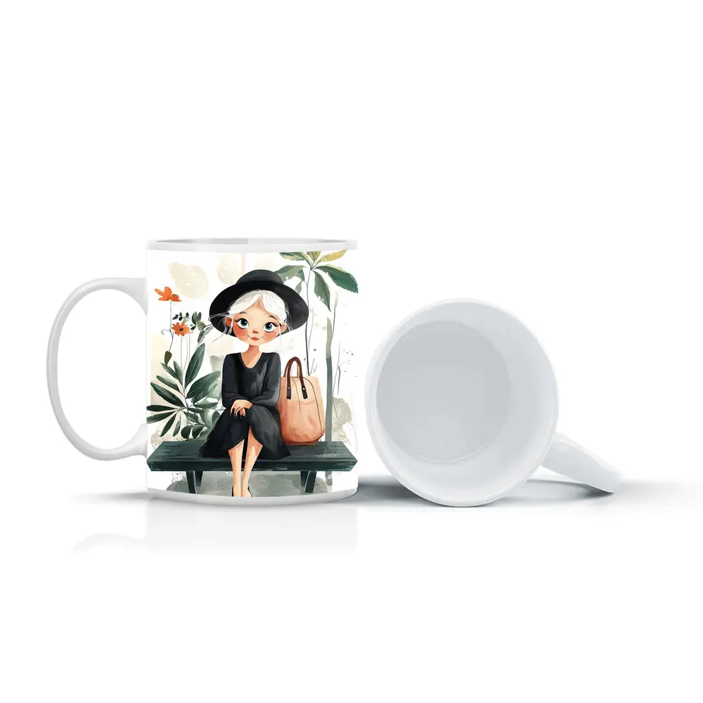 Cartoon Girl Sitting on Bench with Plants – Mugs