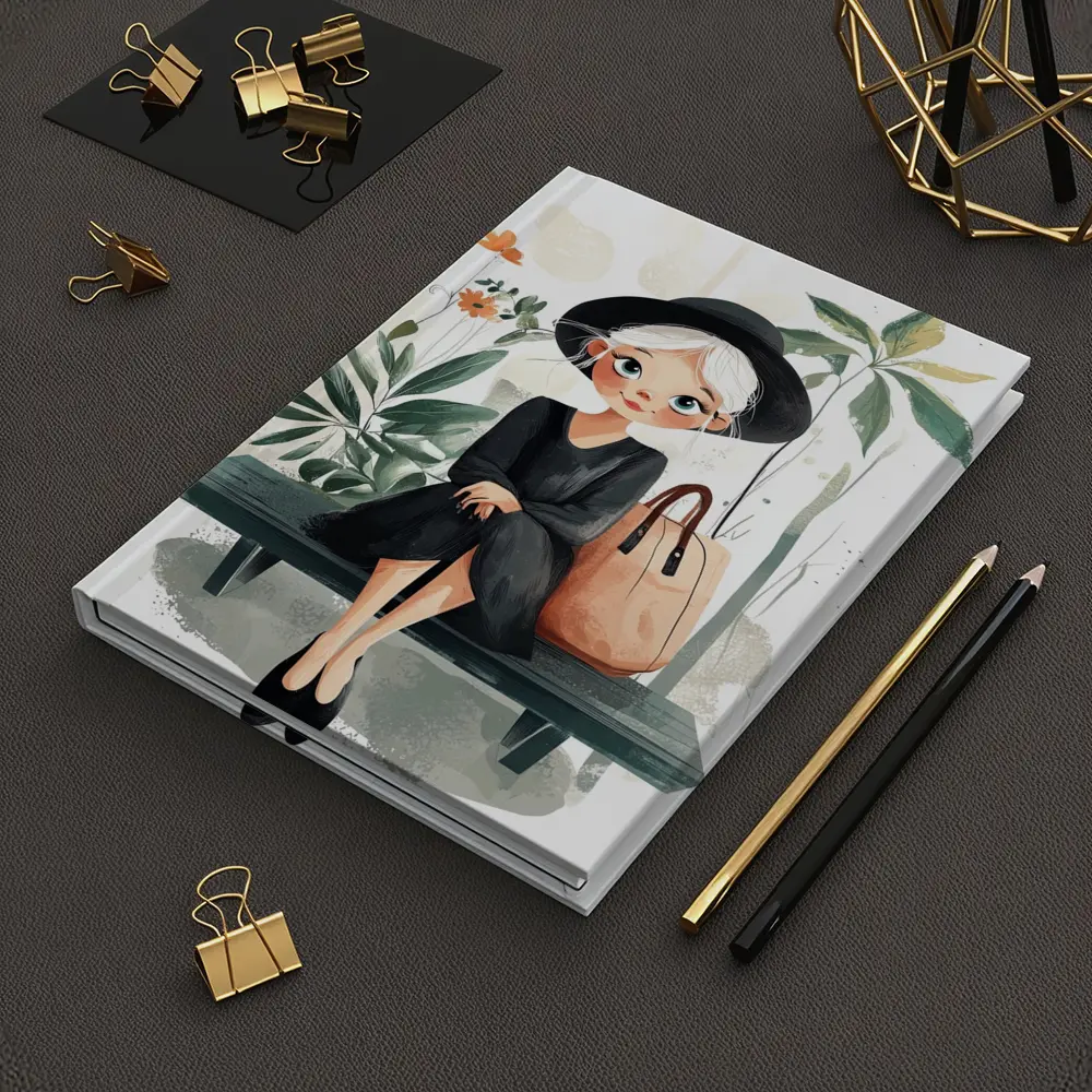 Cartoon Girl Sitting on Bench with Plants – Notebooks