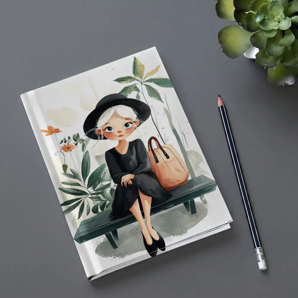 Cartoon Girl Sitting on Bench with Plants – Notebooks