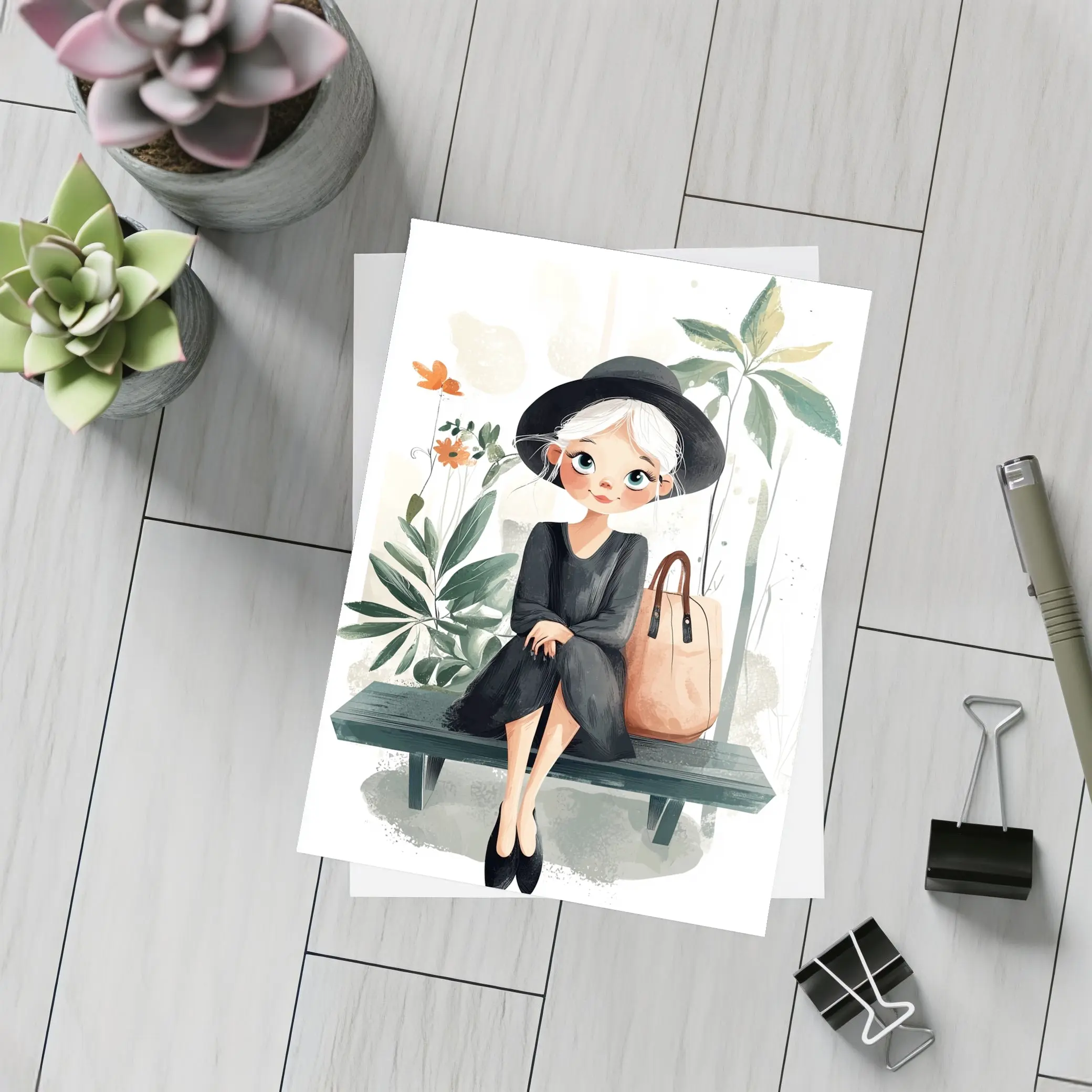 Cartoon Girl Sitting on Bench with Plants – Postcards