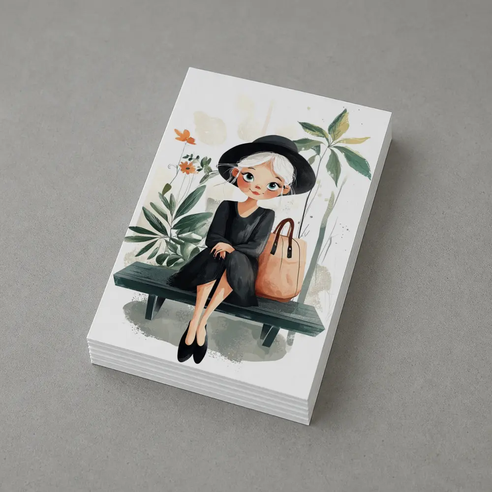 Cartoon Girl Sitting on Bench with Plants – Postcards