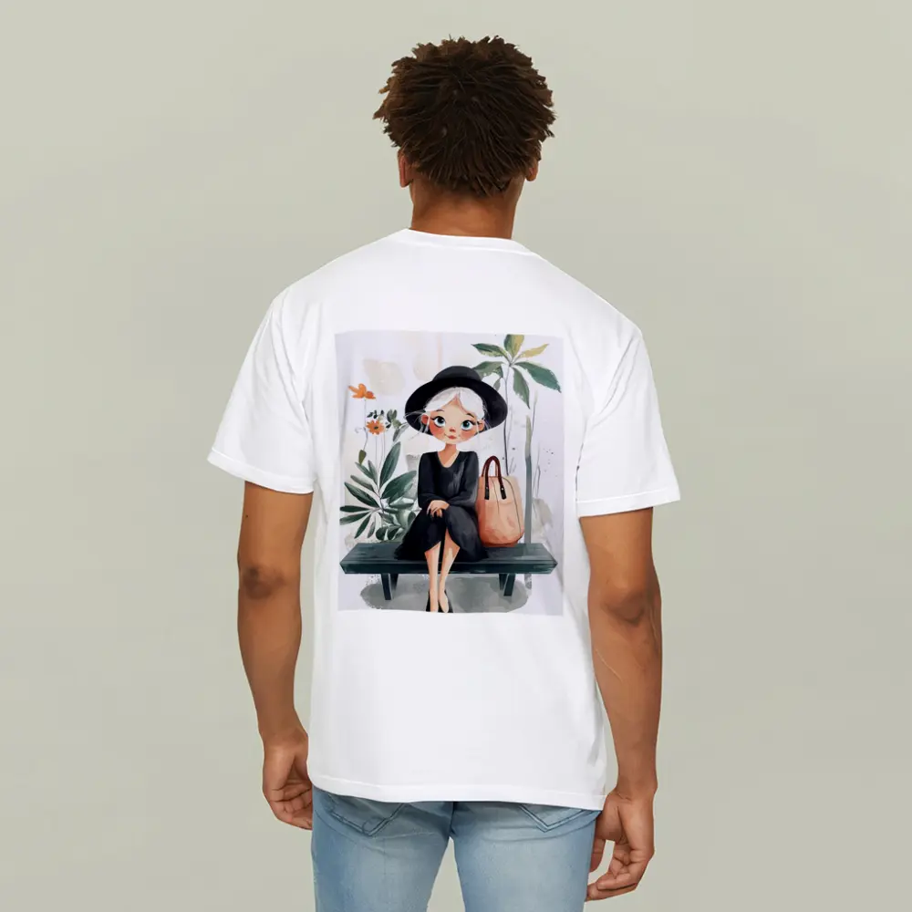 Cartoon Girl Sitting on Bench with Plants – T-Shirts