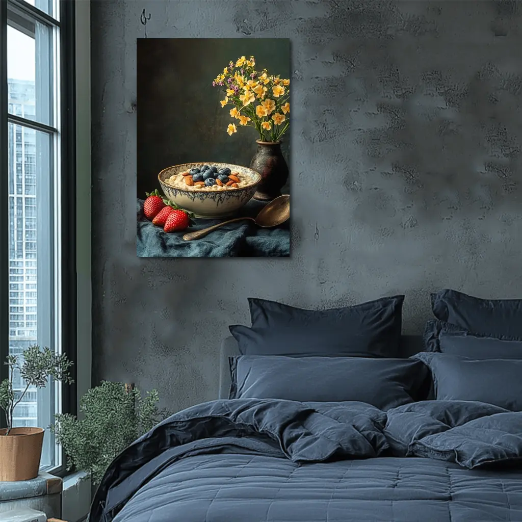Oatmeal Bowl Blueberries Almonds Yellow Flowers Dark – Wall Art
