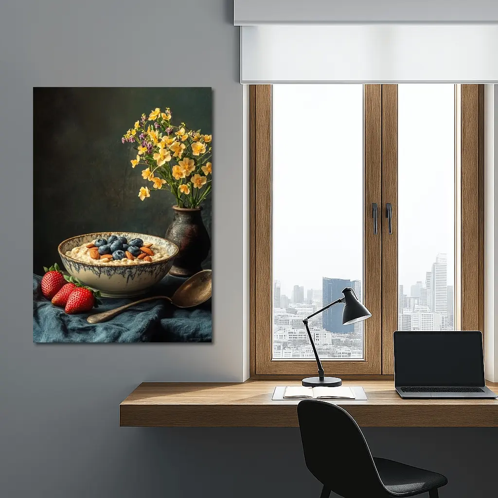 Oatmeal Bowl Blueberries Almonds Yellow Flowers Dark – Wall Art