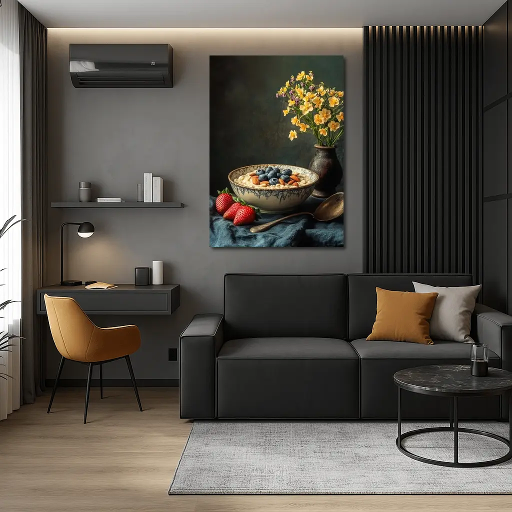Oatmeal Bowl Blueberries Almonds Yellow Flowers Dark – Wall Art