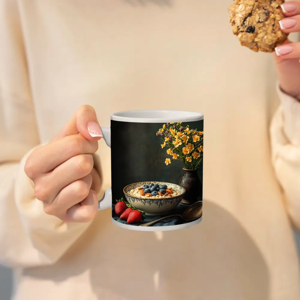 Oatmeal Bowl Blueberries Almonds Yellow Flowers Dark – Mugs