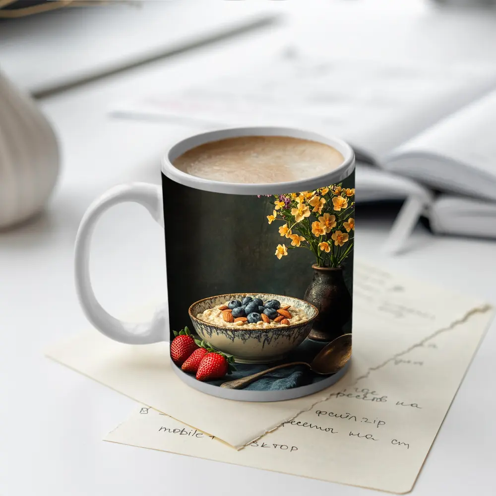 Oatmeal Bowl Blueberries Almonds Yellow Flowers Dark – Mugs