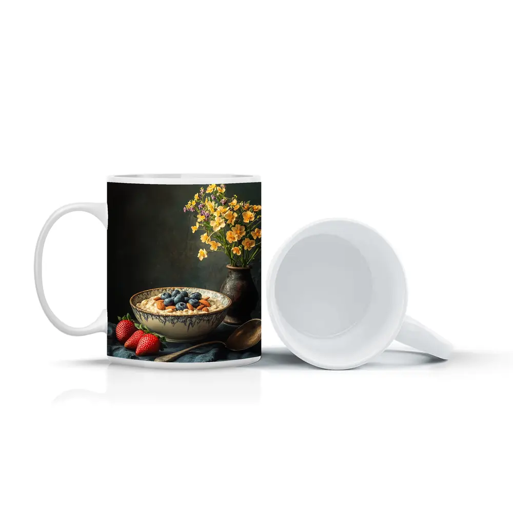 Oatmeal Bowl Blueberries Almonds Yellow Flowers Dark – Mugs