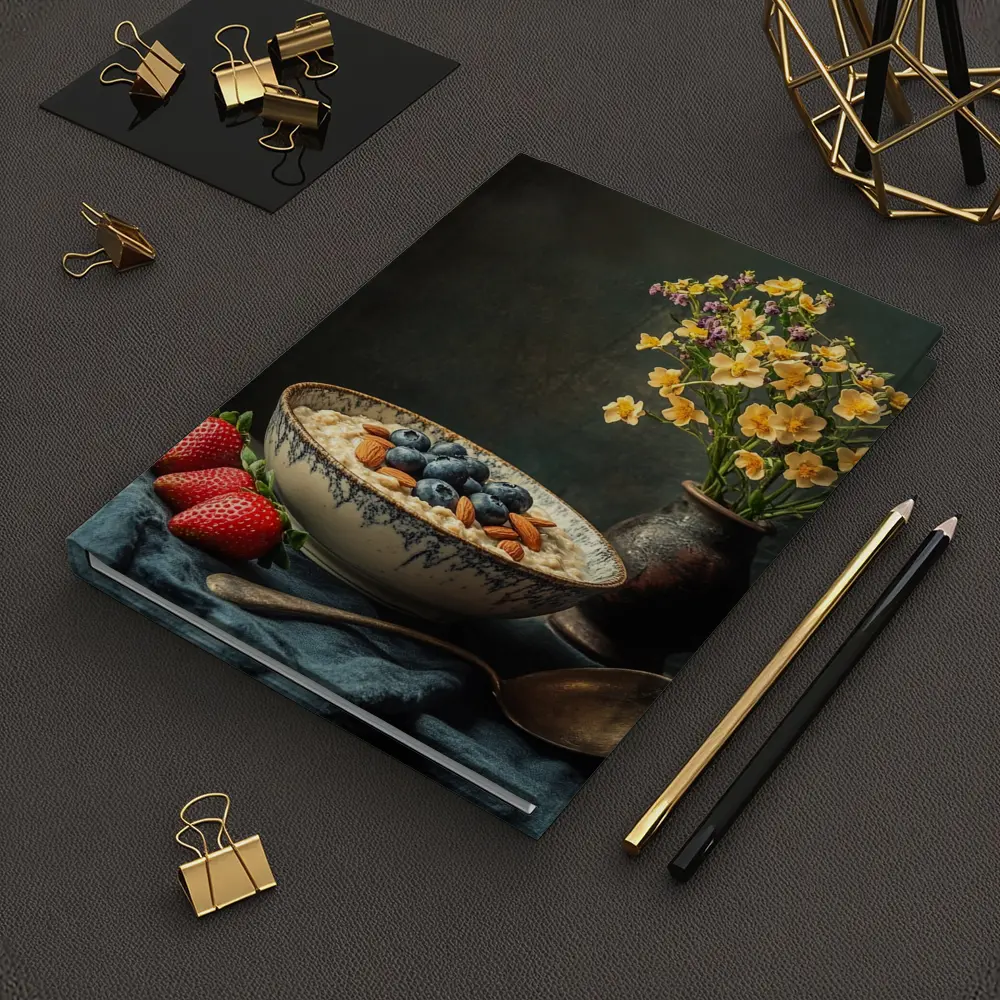 Oatmeal Bowl Blueberries Almonds Yellow Flowers Dark – Notebooks