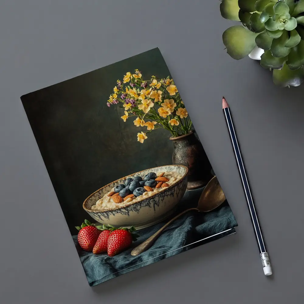 Oatmeal Bowl Blueberries Almonds Yellow Flowers Dark – Notebooks