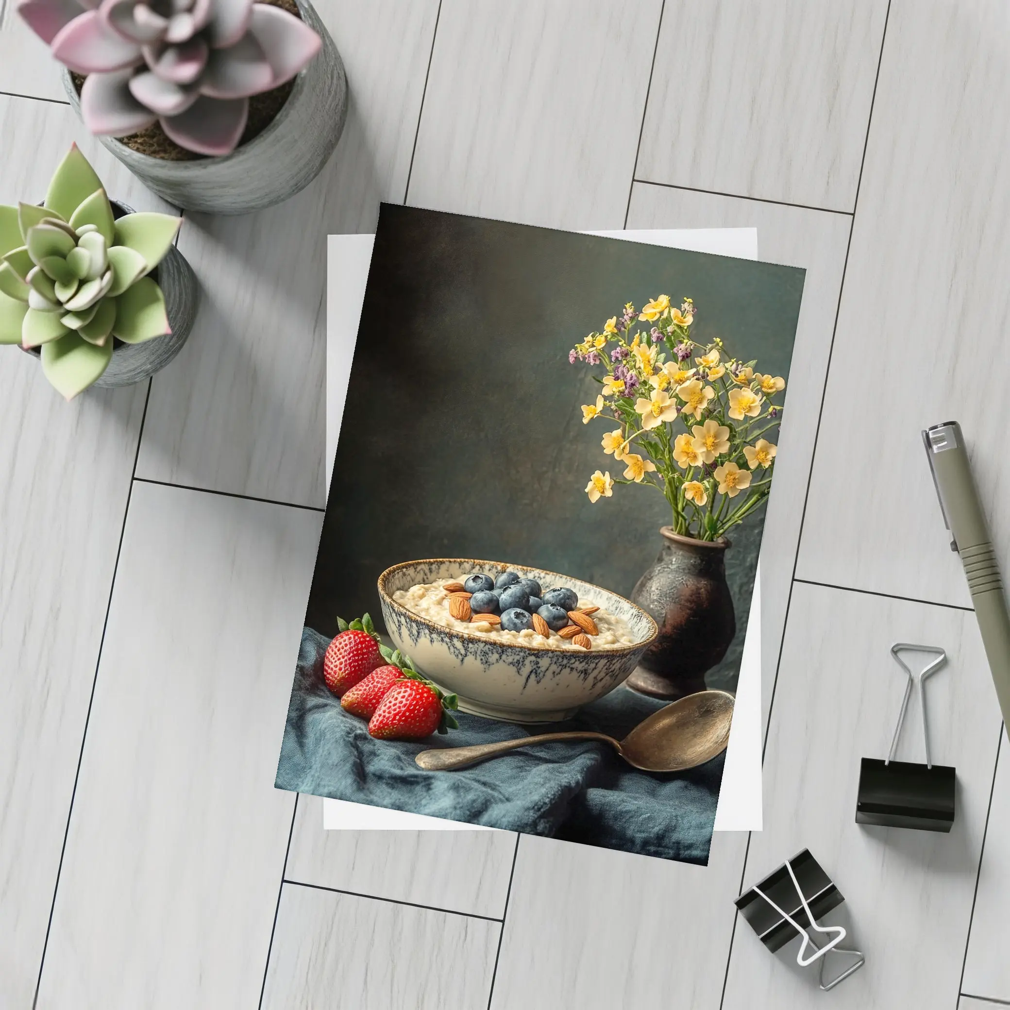 Oatmeal Bowl Blueberries Almonds Yellow Flowers Dark – Postcards