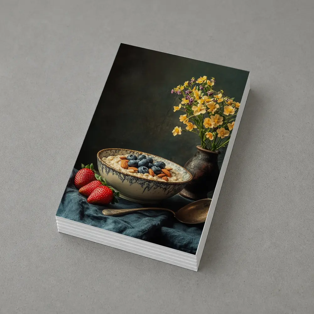 Oatmeal Bowl Blueberries Almonds Yellow Flowers Dark – Postcards