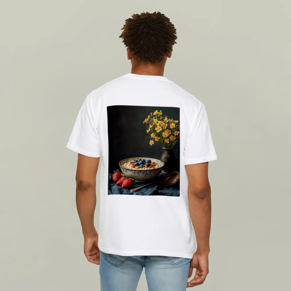 Oatmeal Bowl Blueberries Almonds Yellow Flowers Dark – T-Shirts