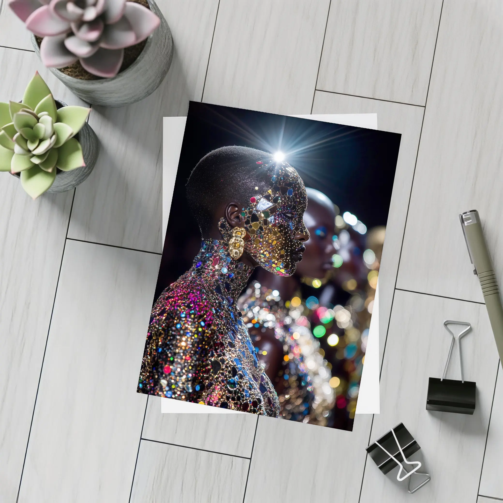 Glitter Jeweled Figure Dark Night Background – Postcards