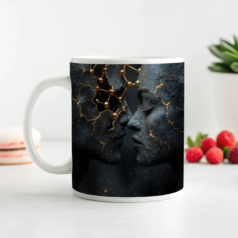 Two Stone Faces Gold Constellation Dark – Mugs