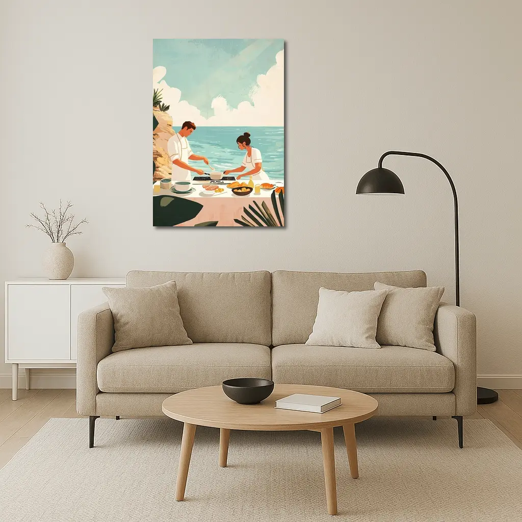 Couple Cooking Together By The Ocean – Wall Art