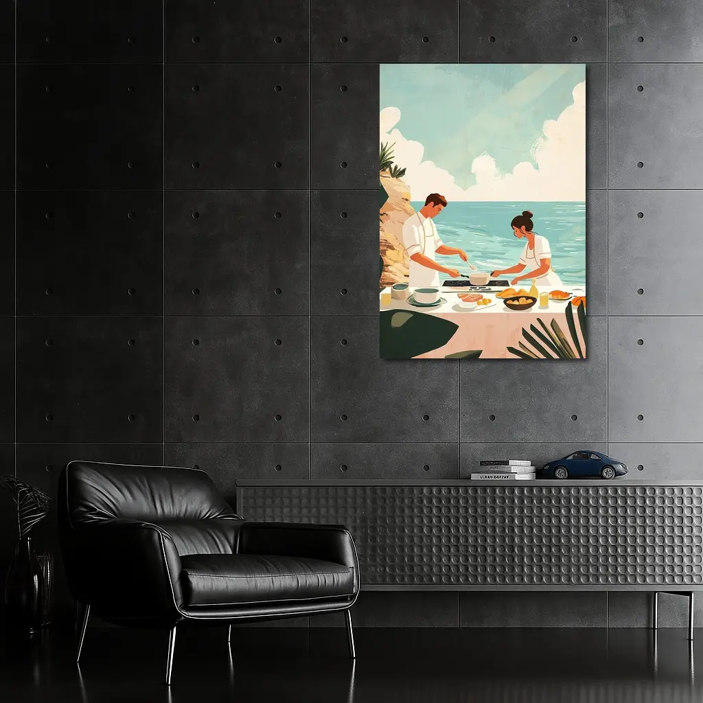 Couple Cooking Together By The Ocean – Wall Art