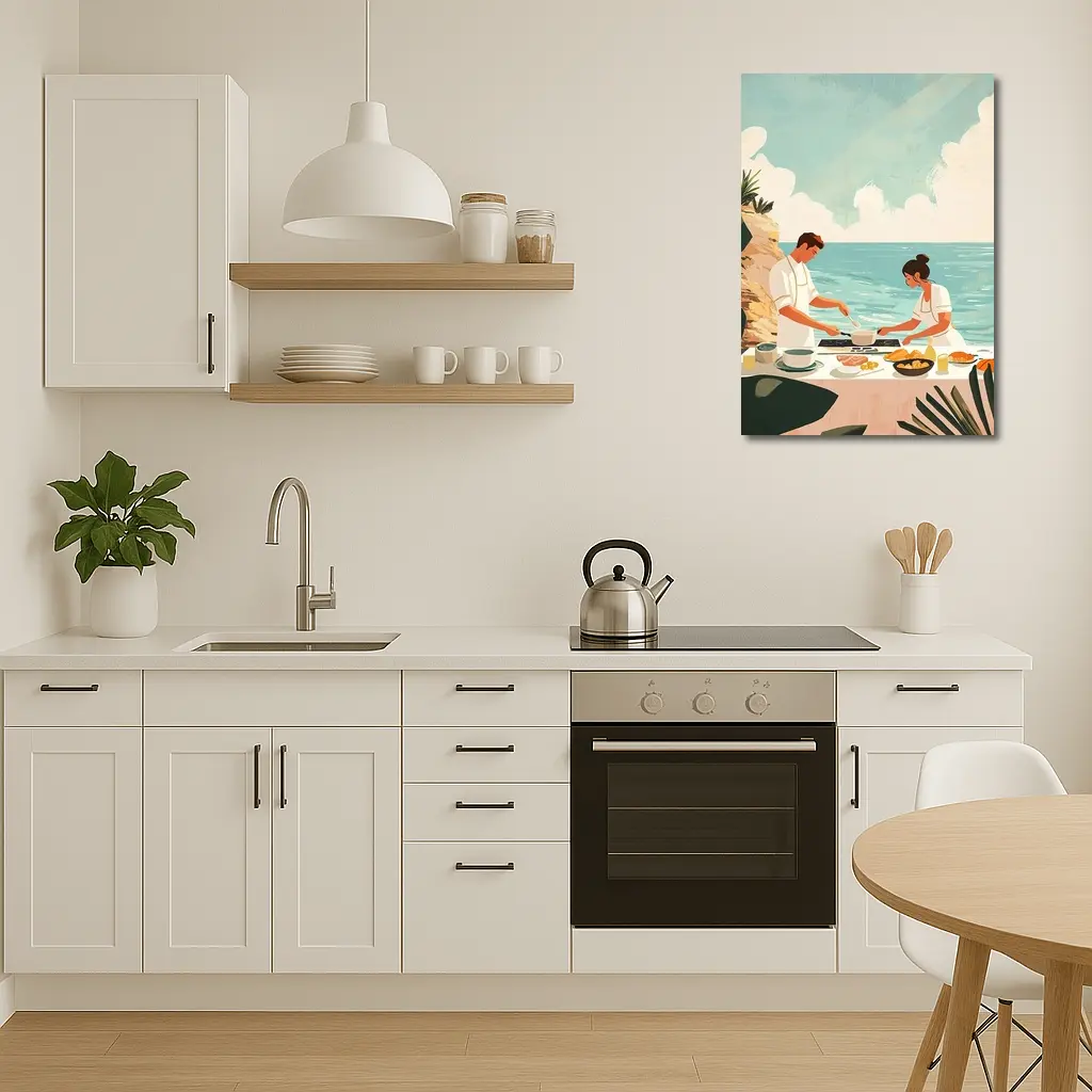 Couple Cooking Together By The Ocean – Wall Art