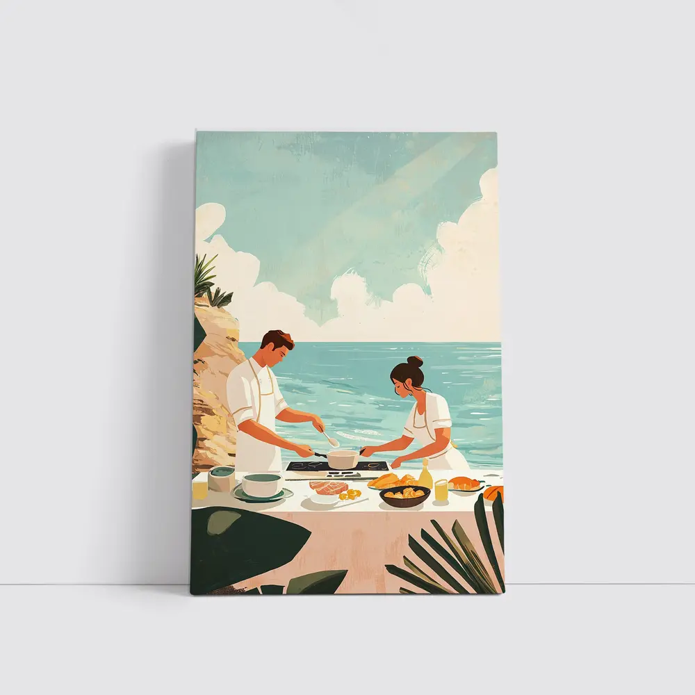 Couple Cooking Together By The Ocean – Wall Art