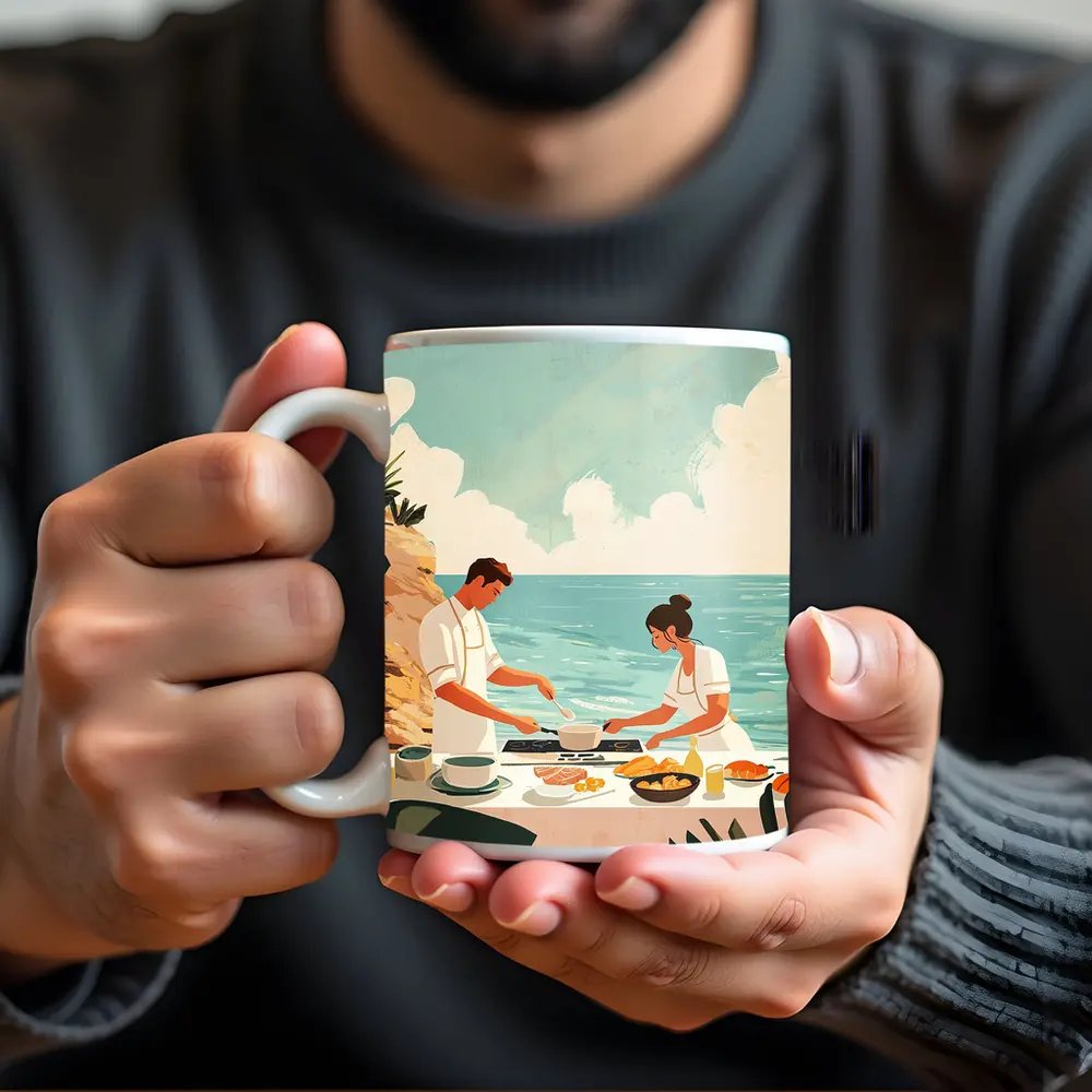 Couple Cooking Together By The Ocean – Mugs